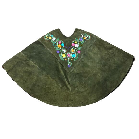 Vtg Olive Green Suede Cape Poncho Embroidery flowers Boho Hippie Festival Retro - Picture 3 of 10